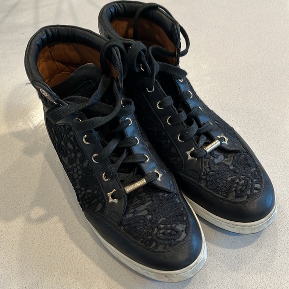 Authentic Jimmy Choo Black Lace and Leather Tokyo High Top Sneakers - Picture 2 of 11